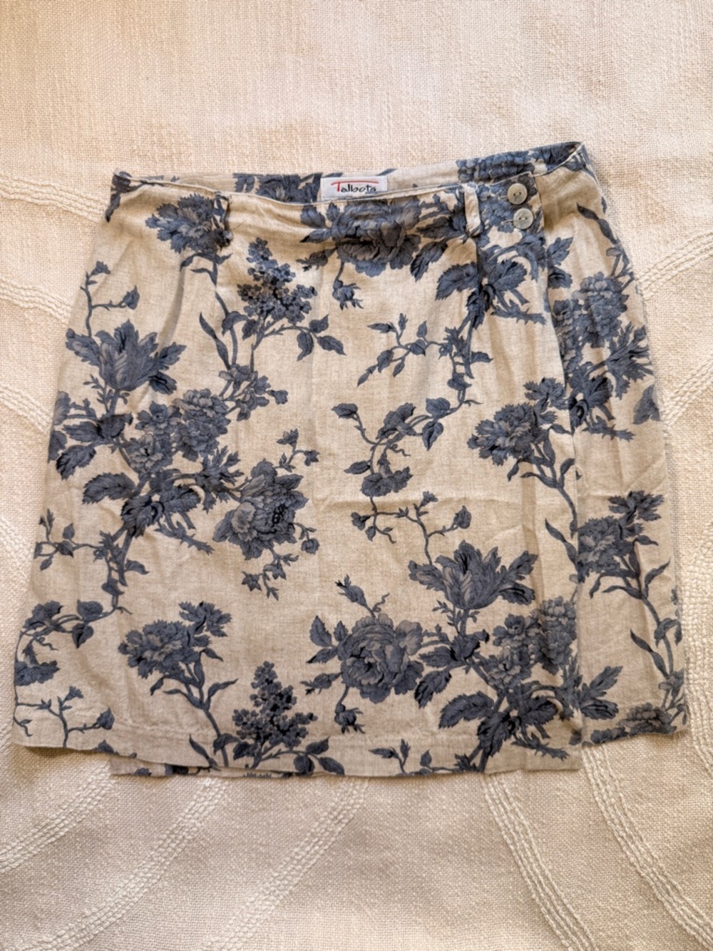 Talbots Petite Neutral Linen-Blend Wrap Skirt with Romantic Floral Print